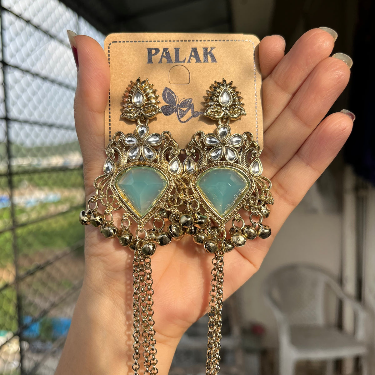 Ocean Blue Stone Kashmiri Long Chain Jhumka