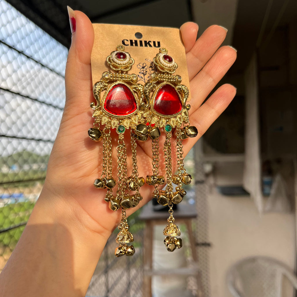 Red Stone Long Chain Kashmiri Jhumka