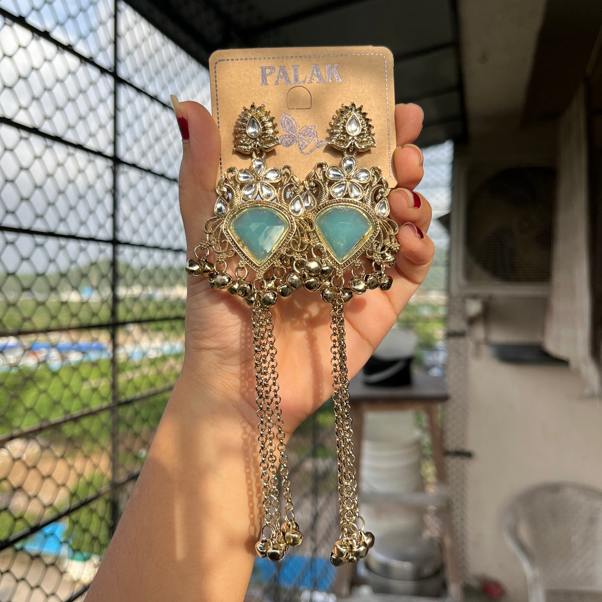 Ocean Blue Stone Kashmiri Long Chain Jhumka