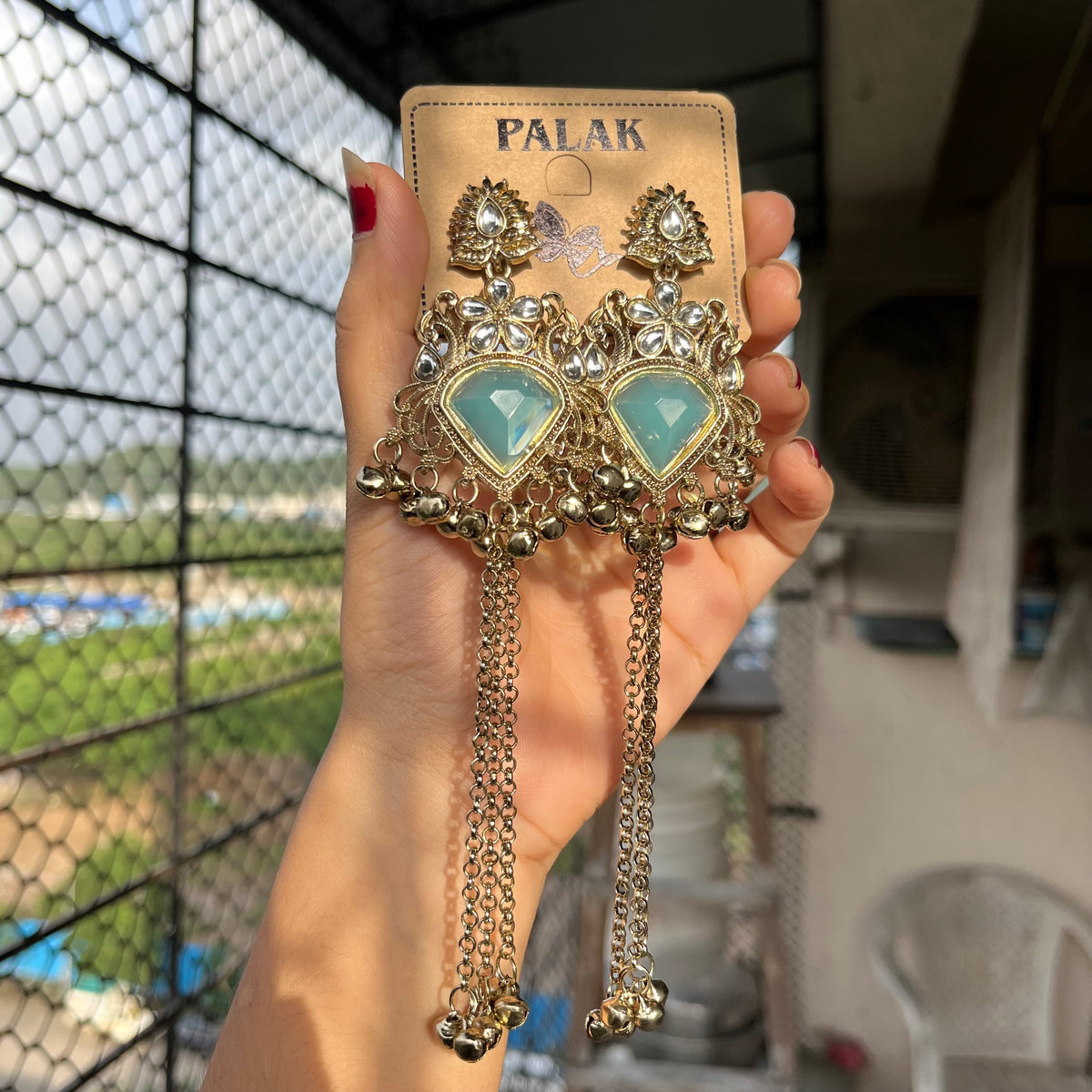 Ocean Blue Stone Kashmiri Long Chain Jhumka