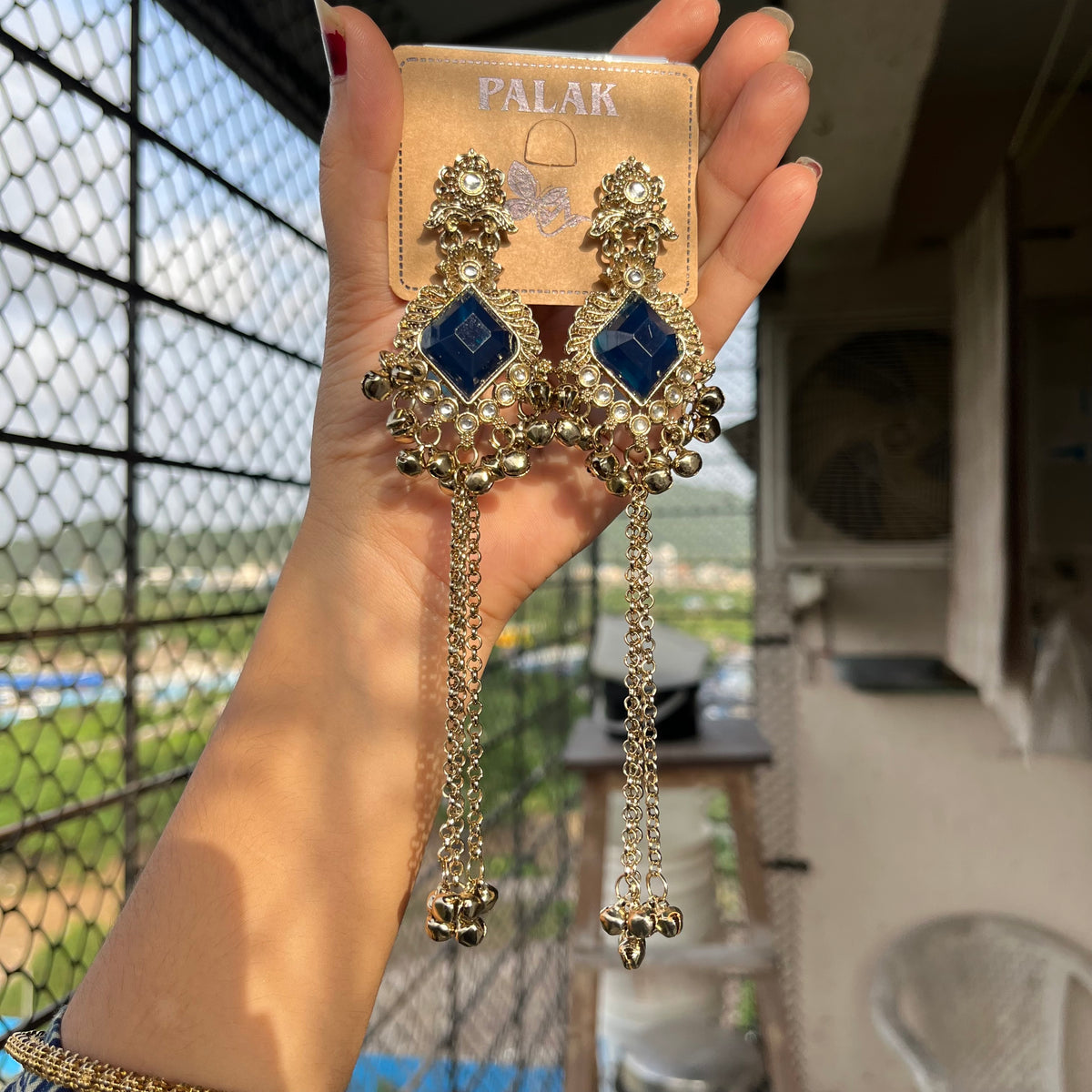 Royal Blue Stone Kashmiri Long Chain Jhumka