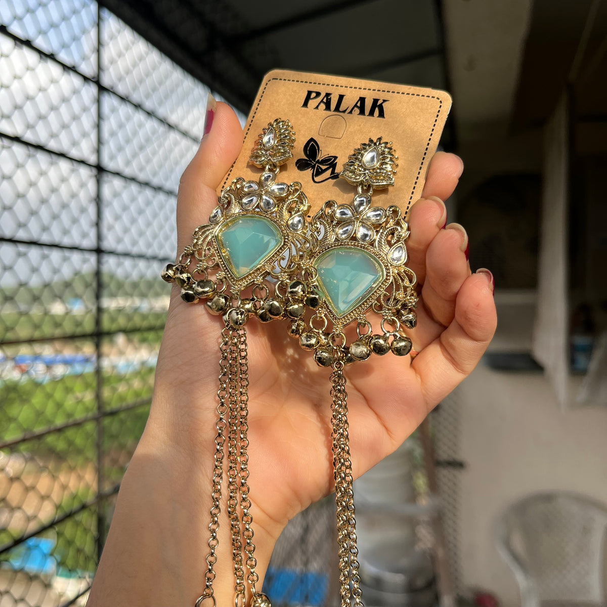 Ocean Blue Stone Kashmiri Long Chain Jhumka