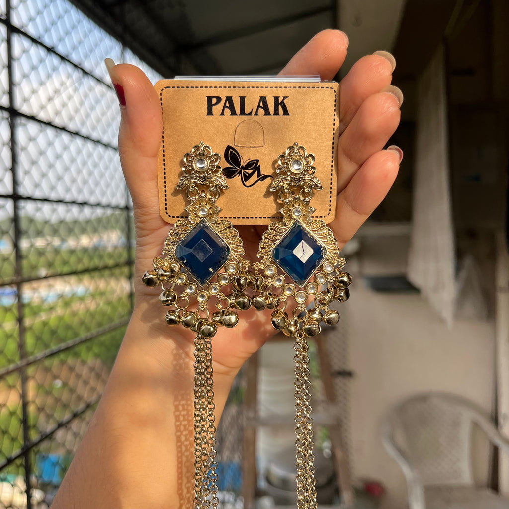 Royal Blue Stone Kashmiri Long Chain Jhumka