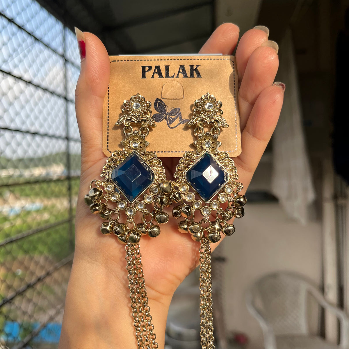 Royal Blue Stone Kashmiri Long Chain Jhumka