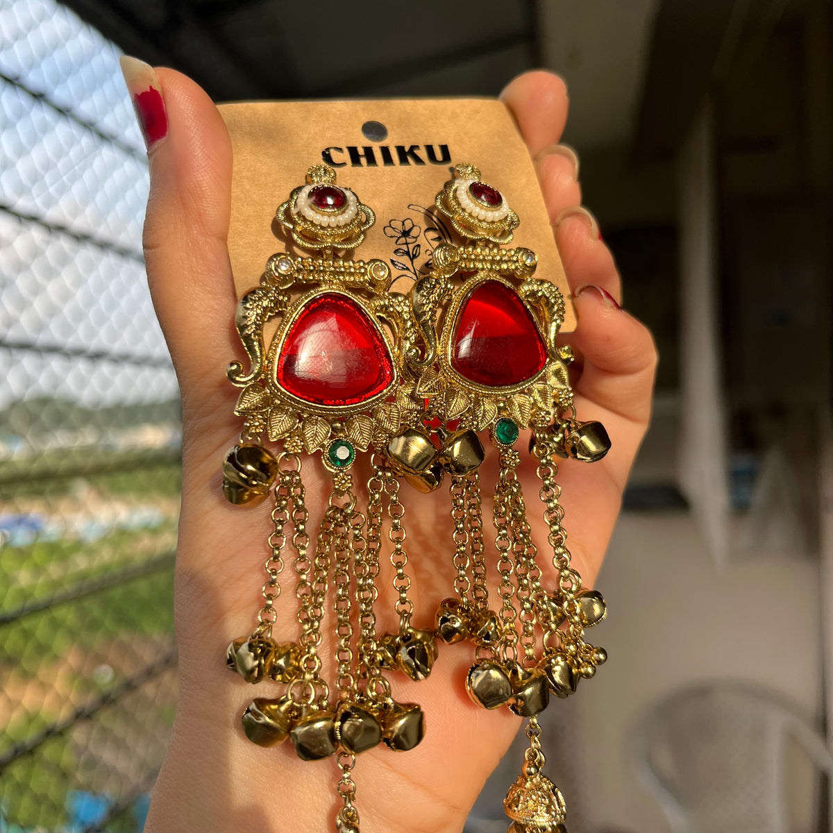 Red Stone Long Chain Kashmiri Jhumka
