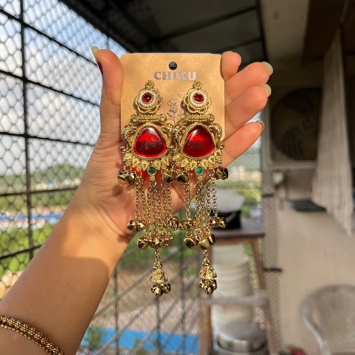 Red Stone Long Chain Kashmiri Jhumka