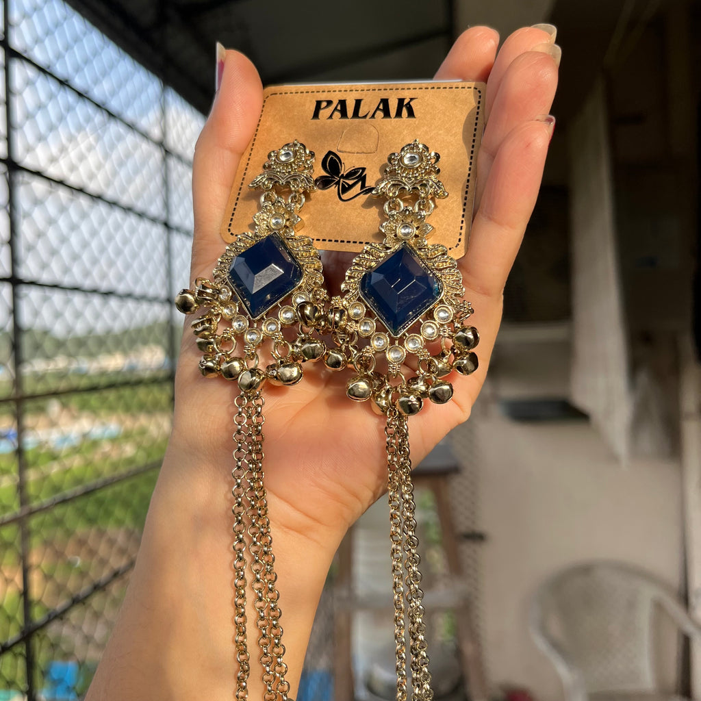 Royal Blue Stone Kashmiri Long Chain Jhumka
