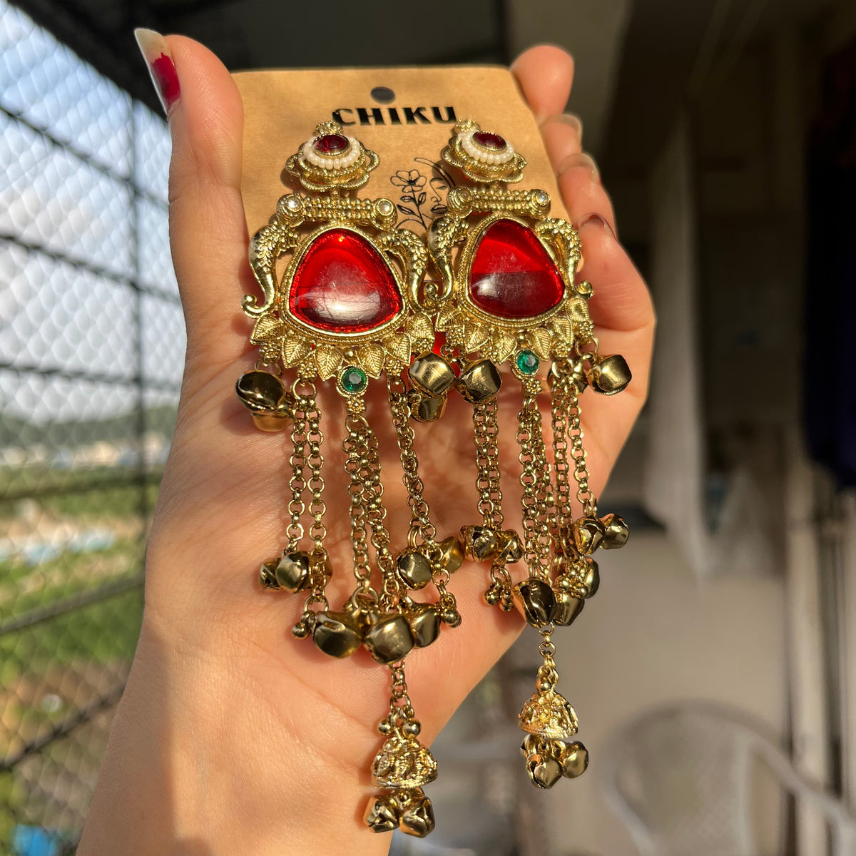 Red Stone Long Chain Kashmiri Jhumka