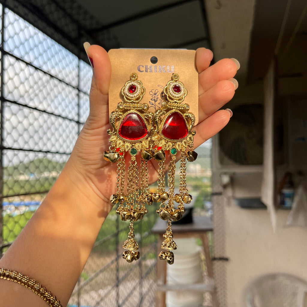 Red Stone Long Chain Kashmiri Jhumka