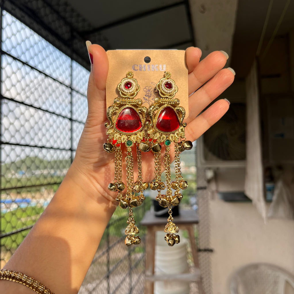 Red Stone Long Chain Kashmiri Jhumka