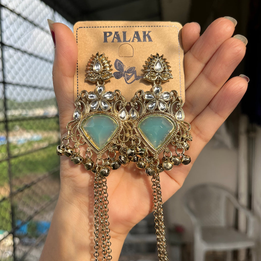 Ocean Blue Stone Kashmiri Long Chain Jhumka