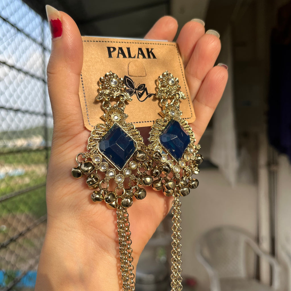 Royal Blue Stone Kashmiri Long Chain Jhumka