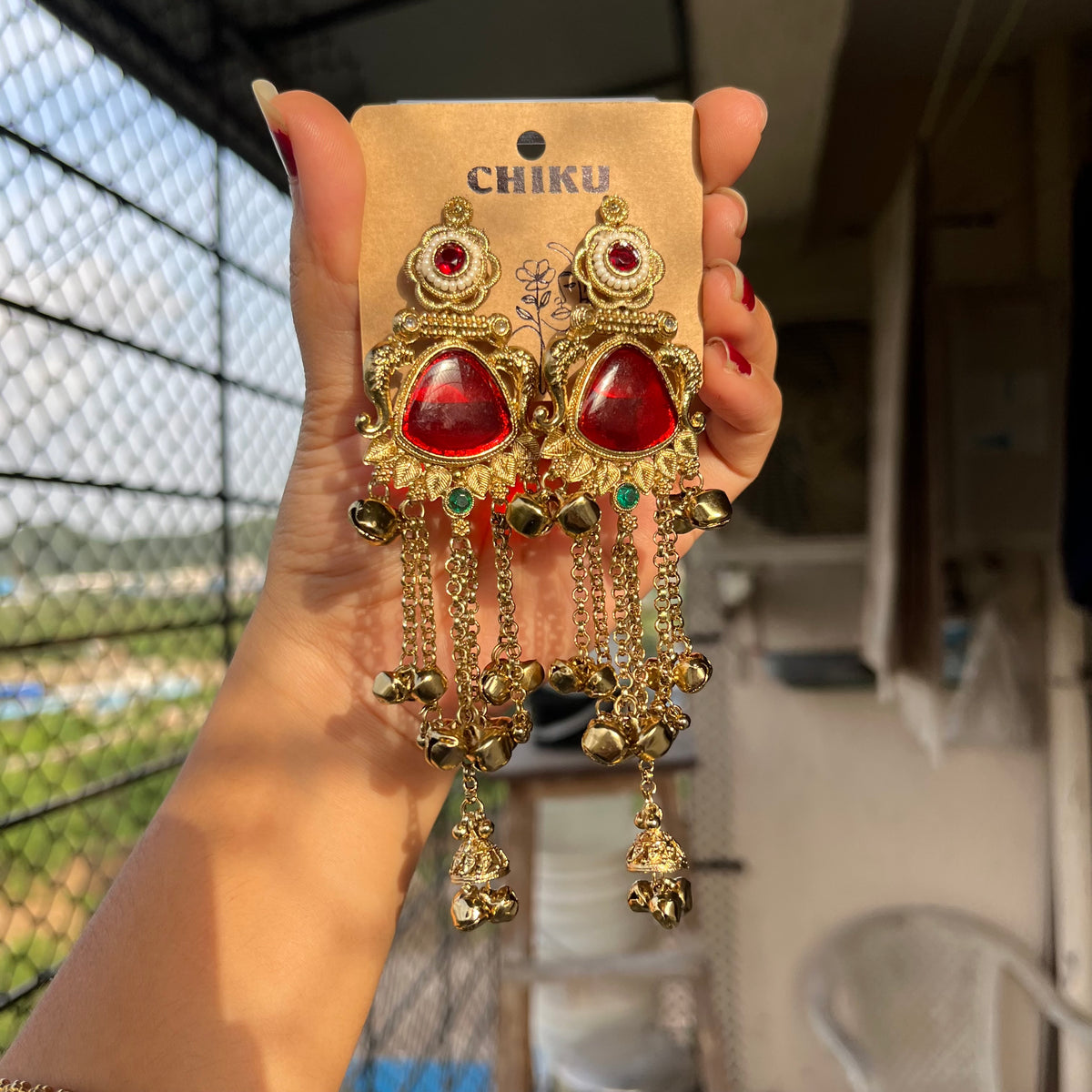 Red Stone Long Chain Kashmiri Jhumka