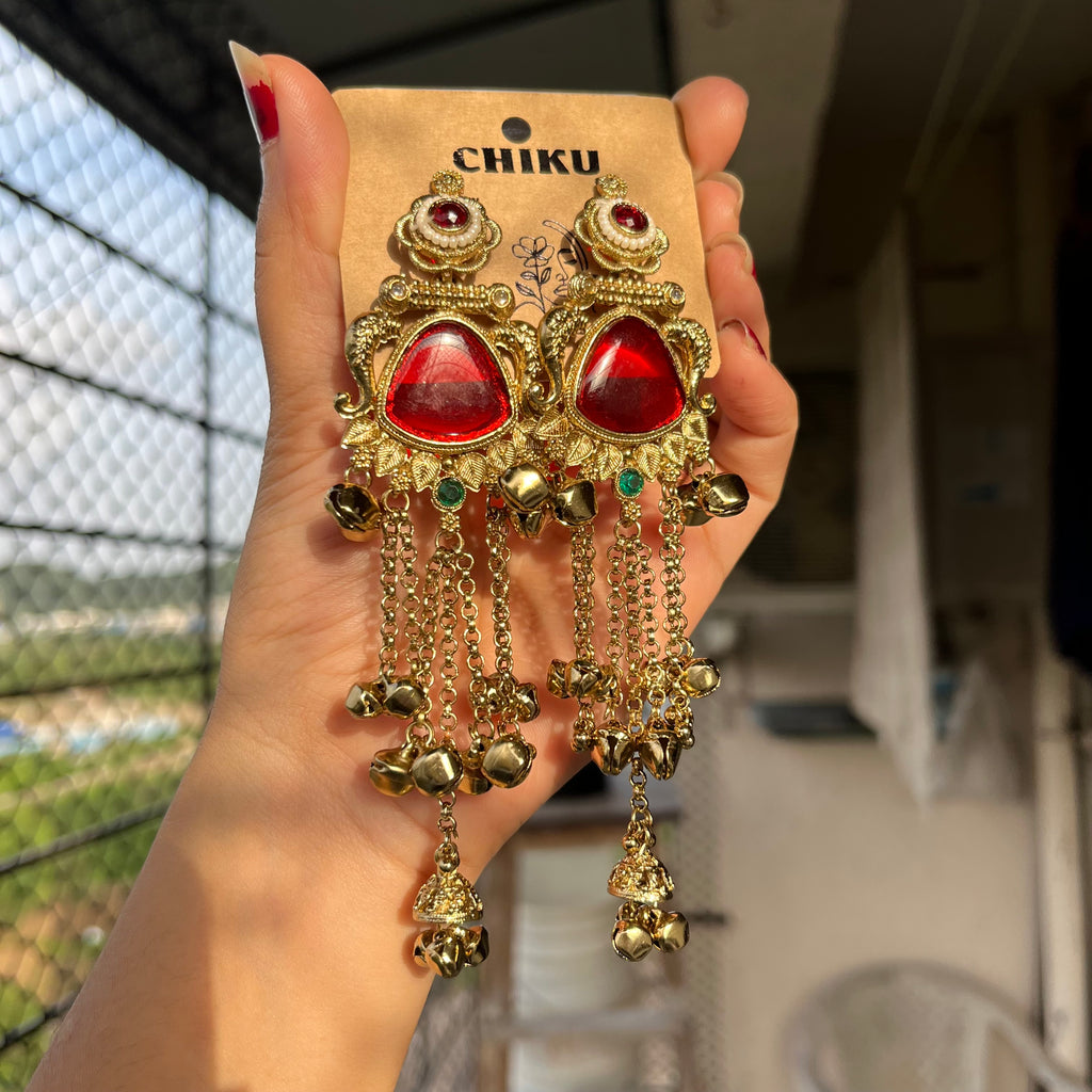 Red Stone Long Chain Kashmiri Jhumka
