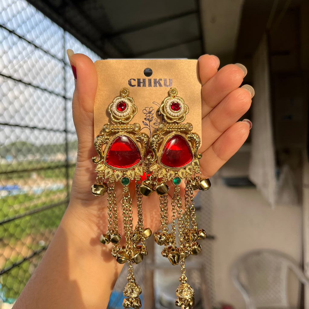 Red Stone Long Chain Kashmiri Jhumka