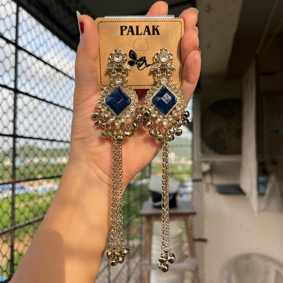 Royal Blue Stone Kashmiri Long Chain Jhumka