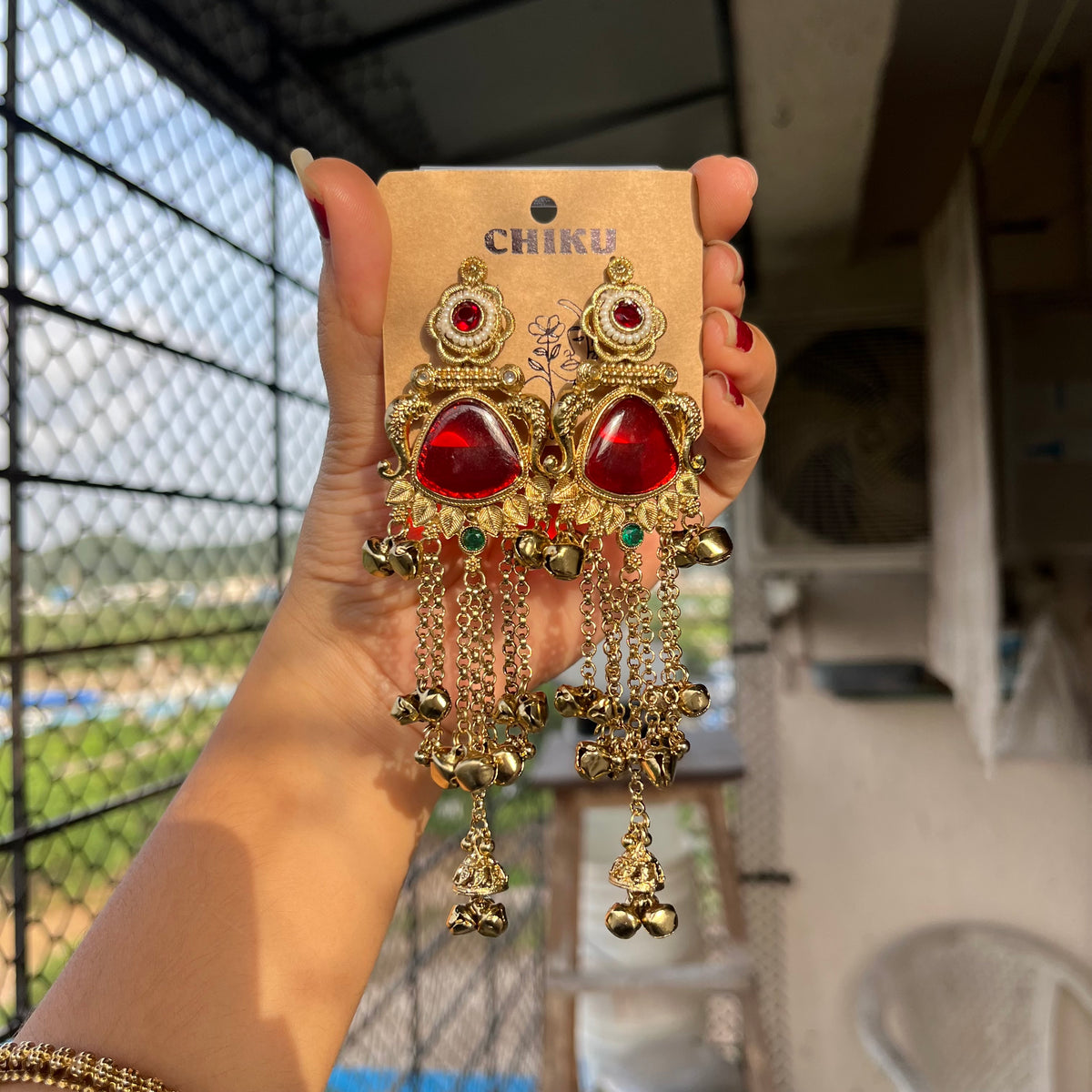 Red Stone Long Chain Kashmiri Jhumka