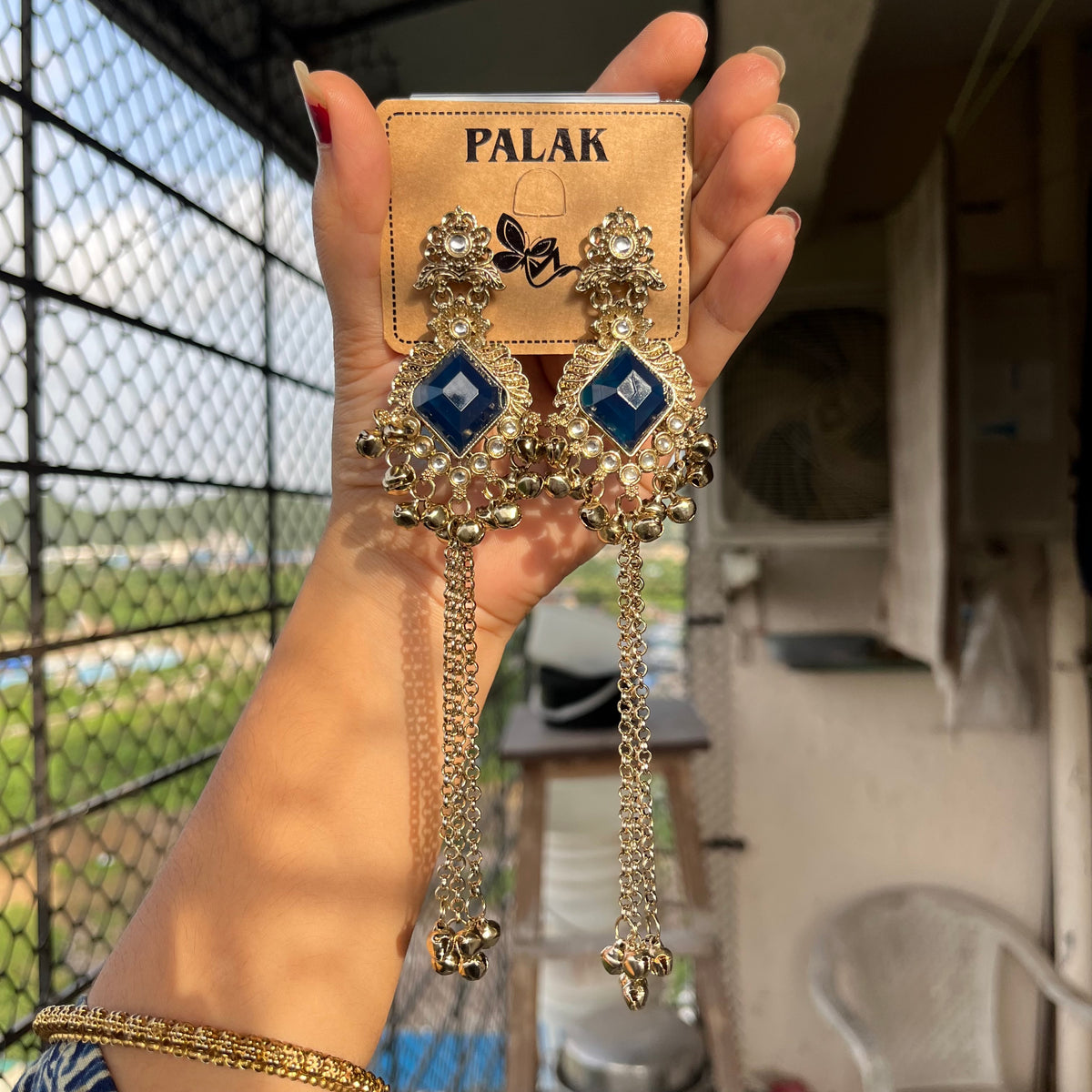 Royal Blue Stone Kashmiri Long Chain Jhumka