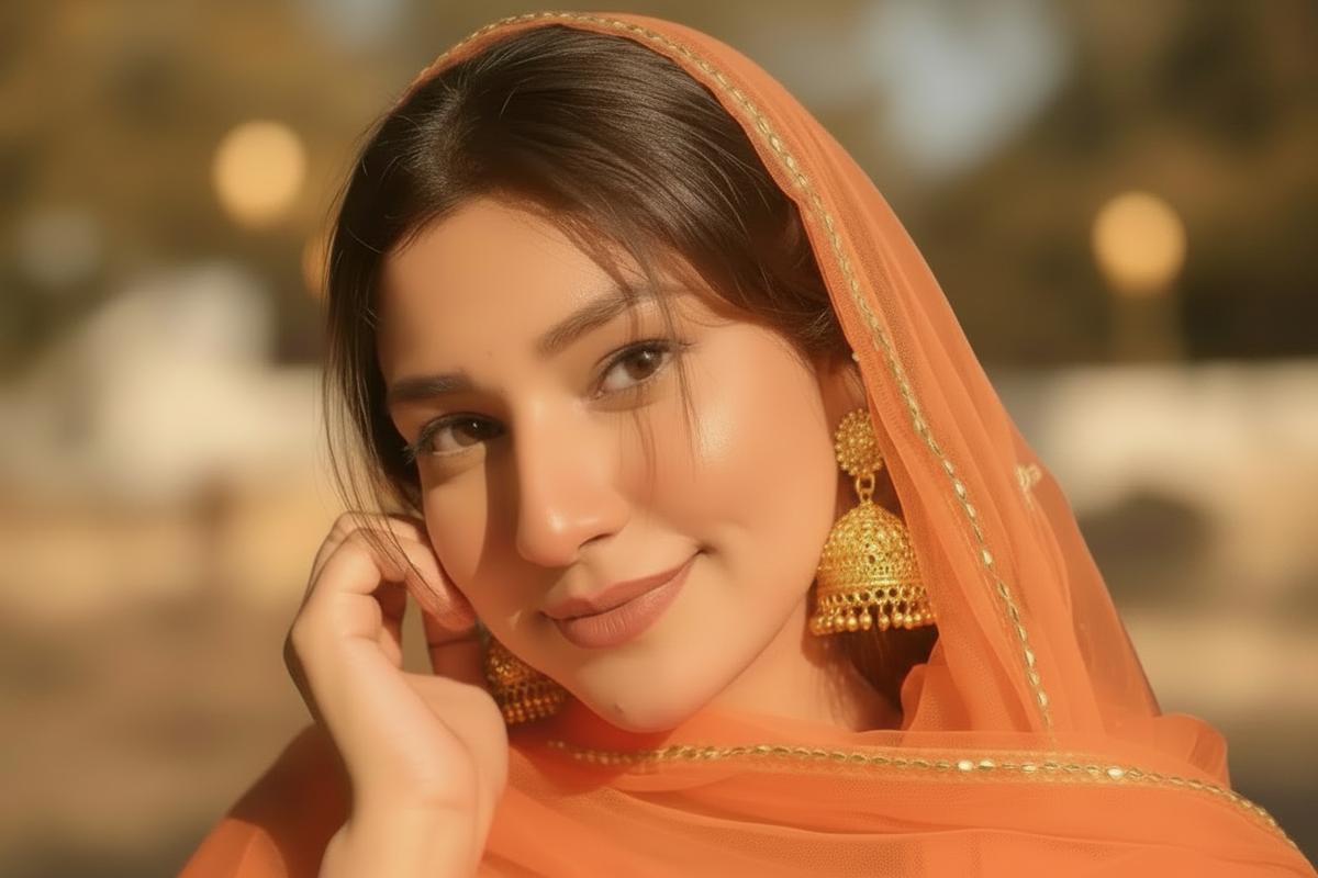 A close-up selfie of a woman wearing a bright orange traditional garment and a matching orange dupatta with gold embroidery, along with a gold tassel earring.